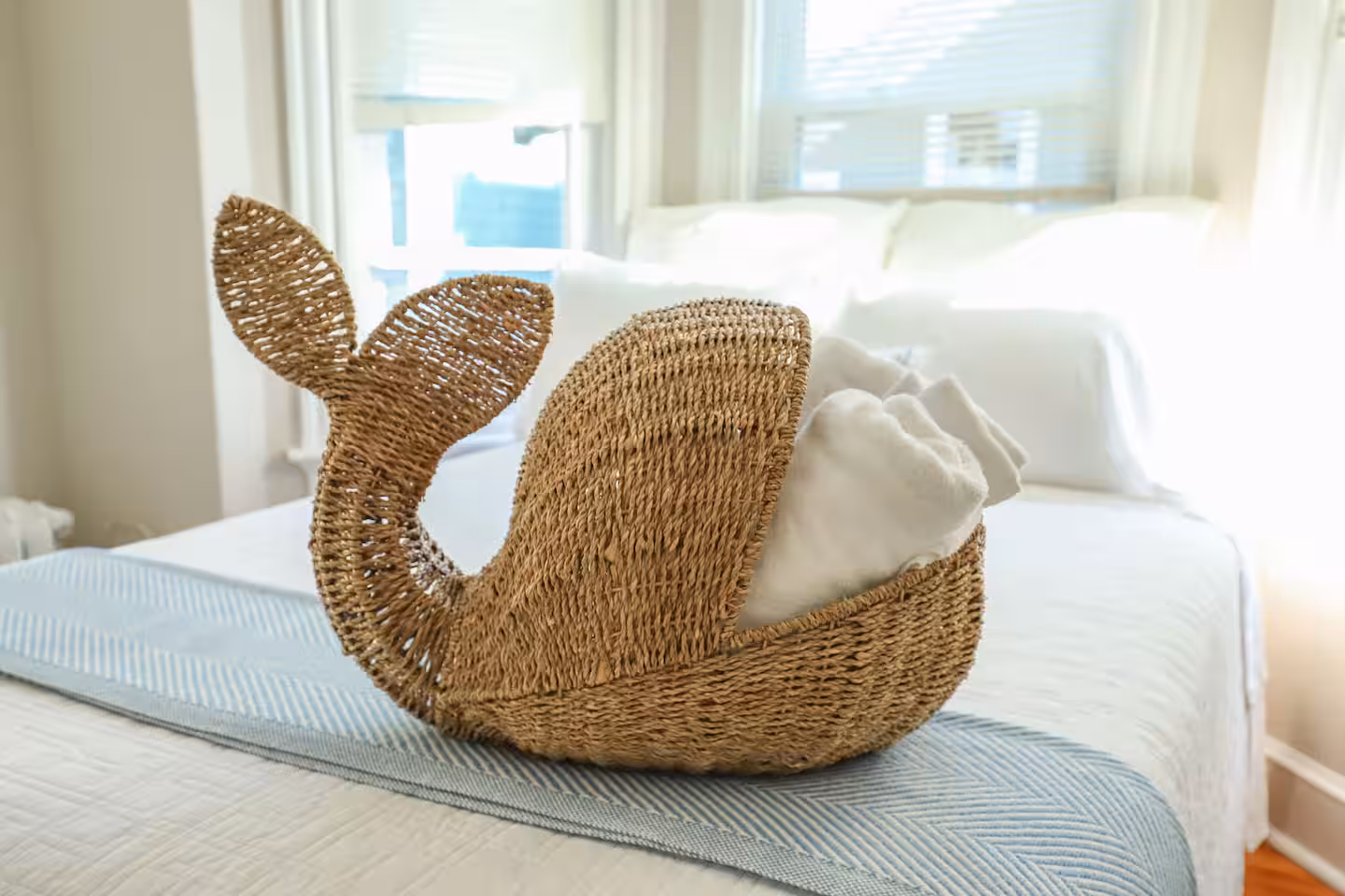 Nautical whale basket detail in bedroom